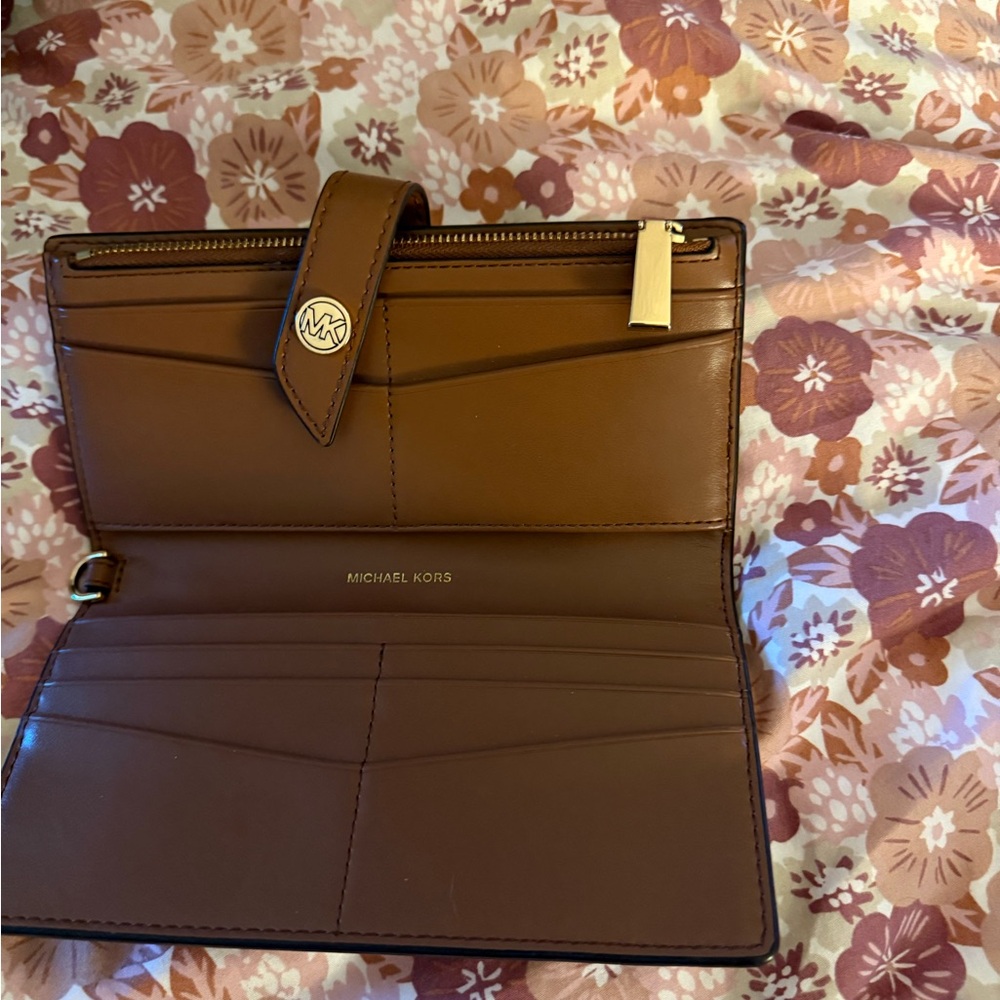 Michael Kors Brown Wallet with Gold Hardware and Structured Design
